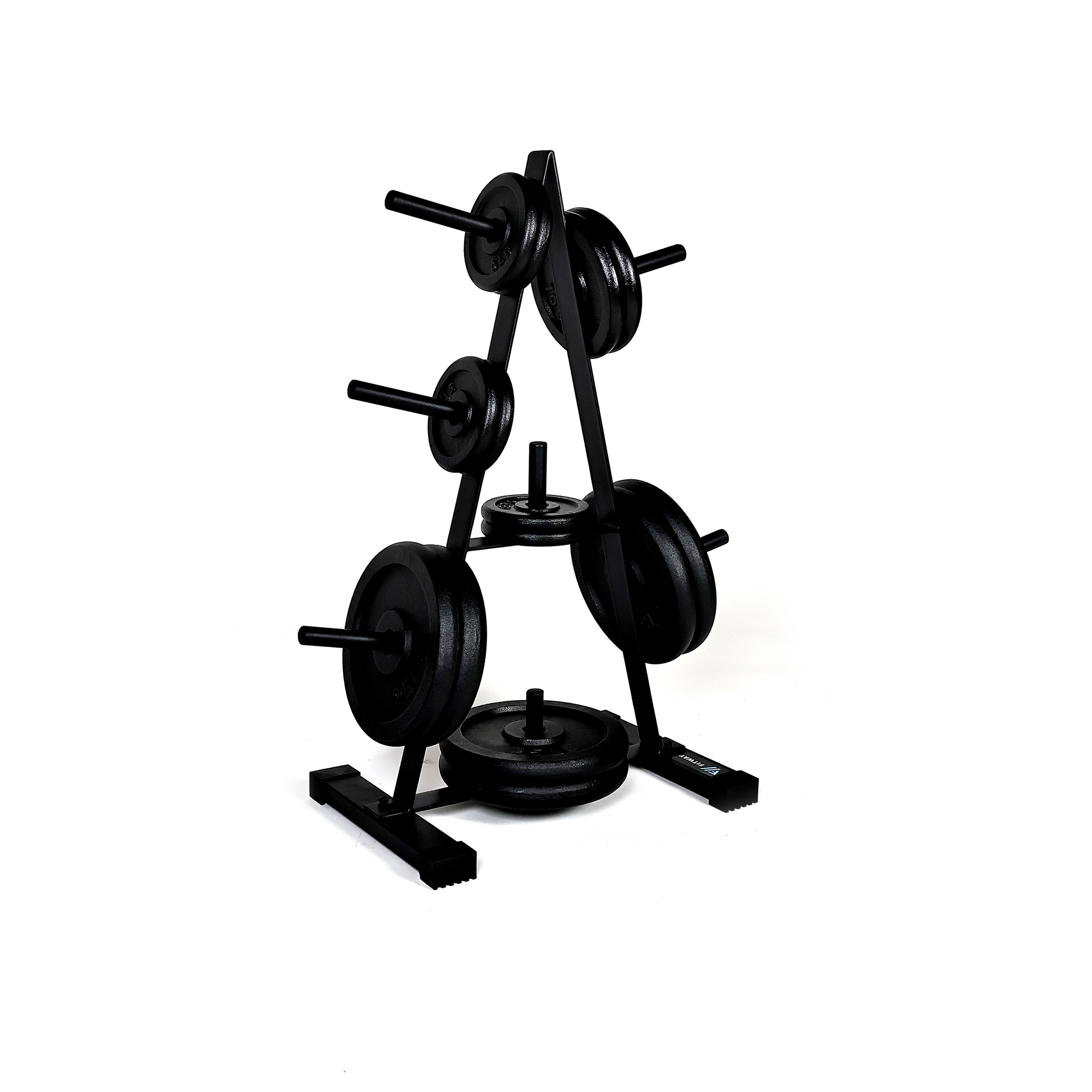 Fitway standard 1" plate tree shown with plates at an angle from Fitness Experience